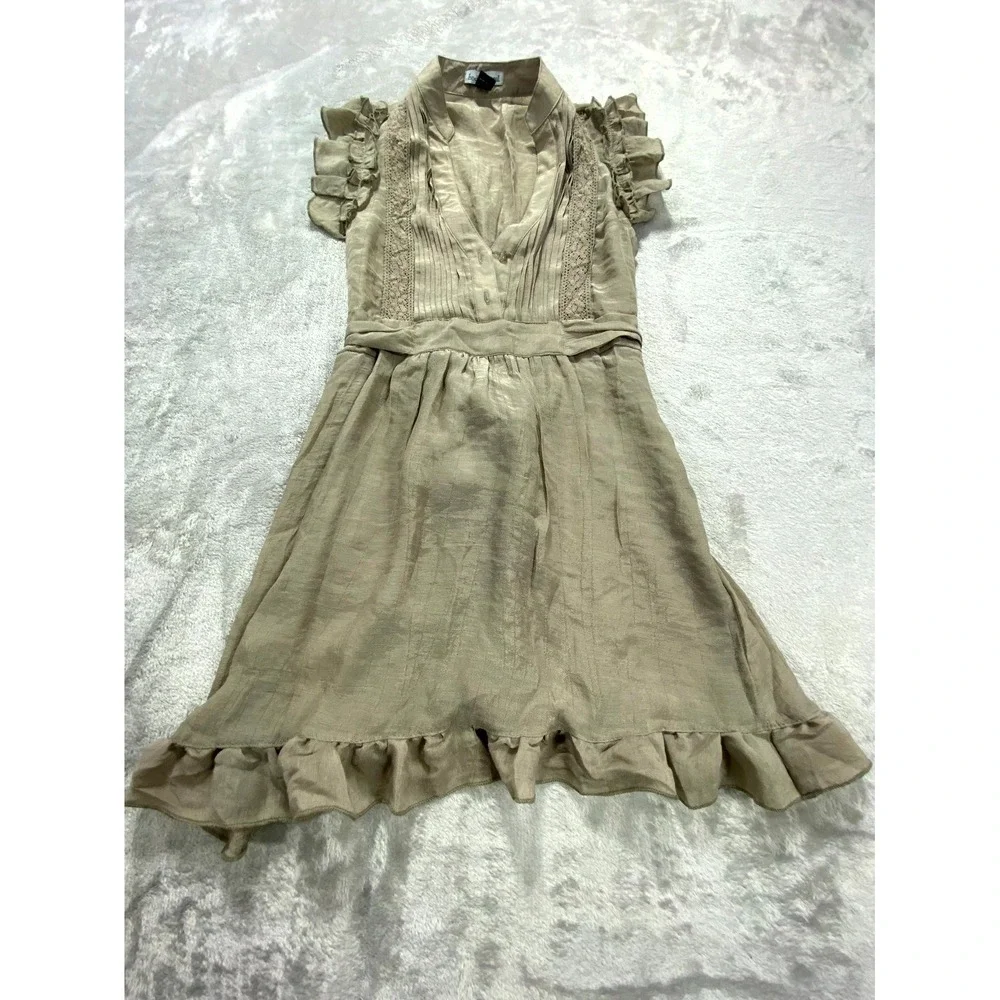 Body Central Mini Dress Womens Olive Pleated Ruffled Sleeves V-Neck Tie Waist - Picture 4 of 8